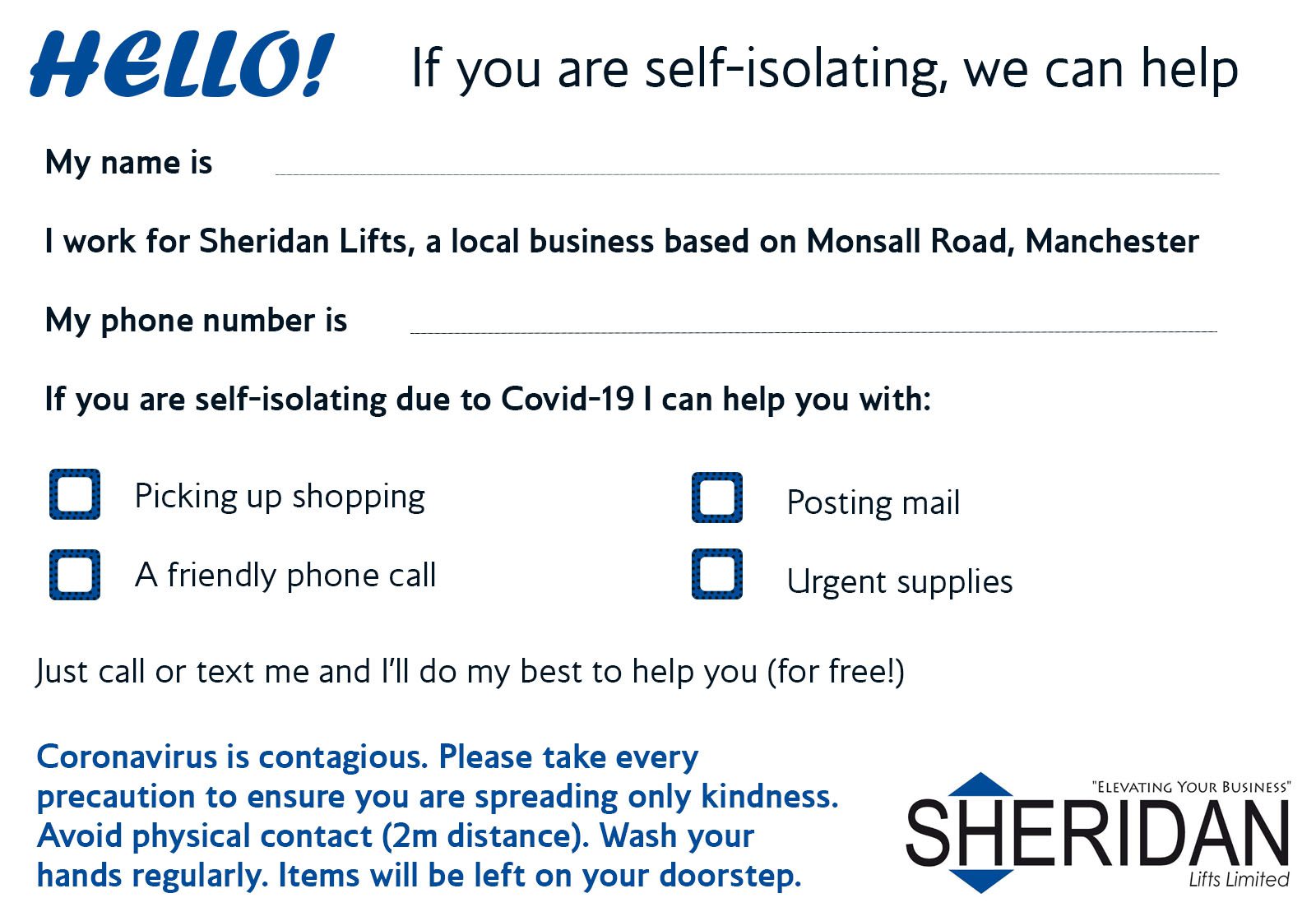 Sheridan Lifts Calling Card sheridan calling card