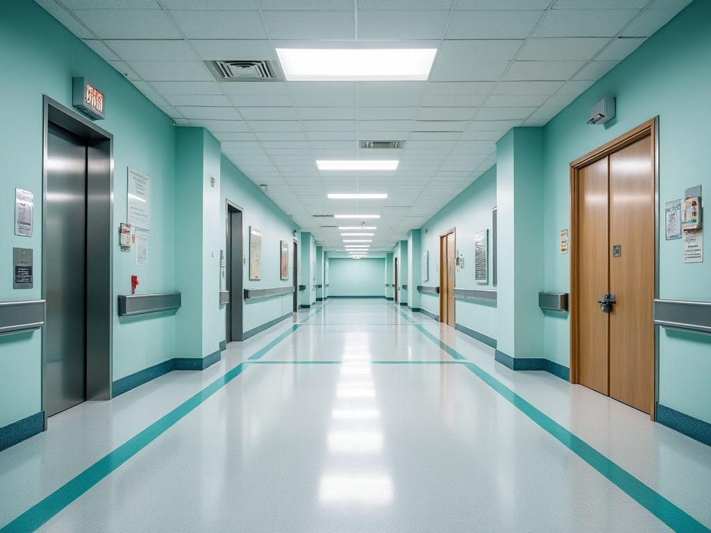 A hospital hallway with lifts on the left side